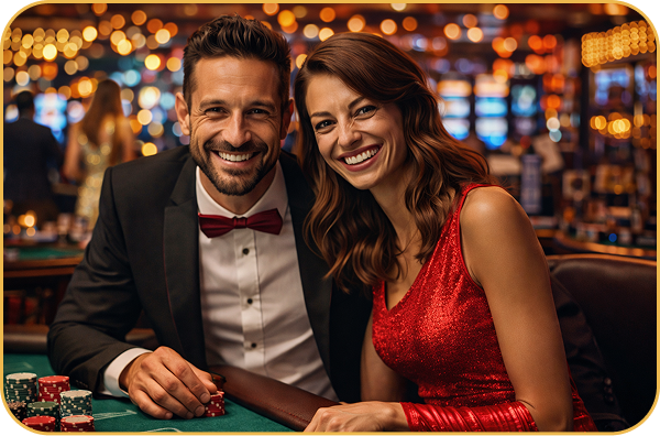 Smiling couple at blackjack table in luxury casino