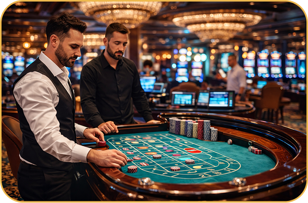 Two men playing craps at casino table with dice and chips